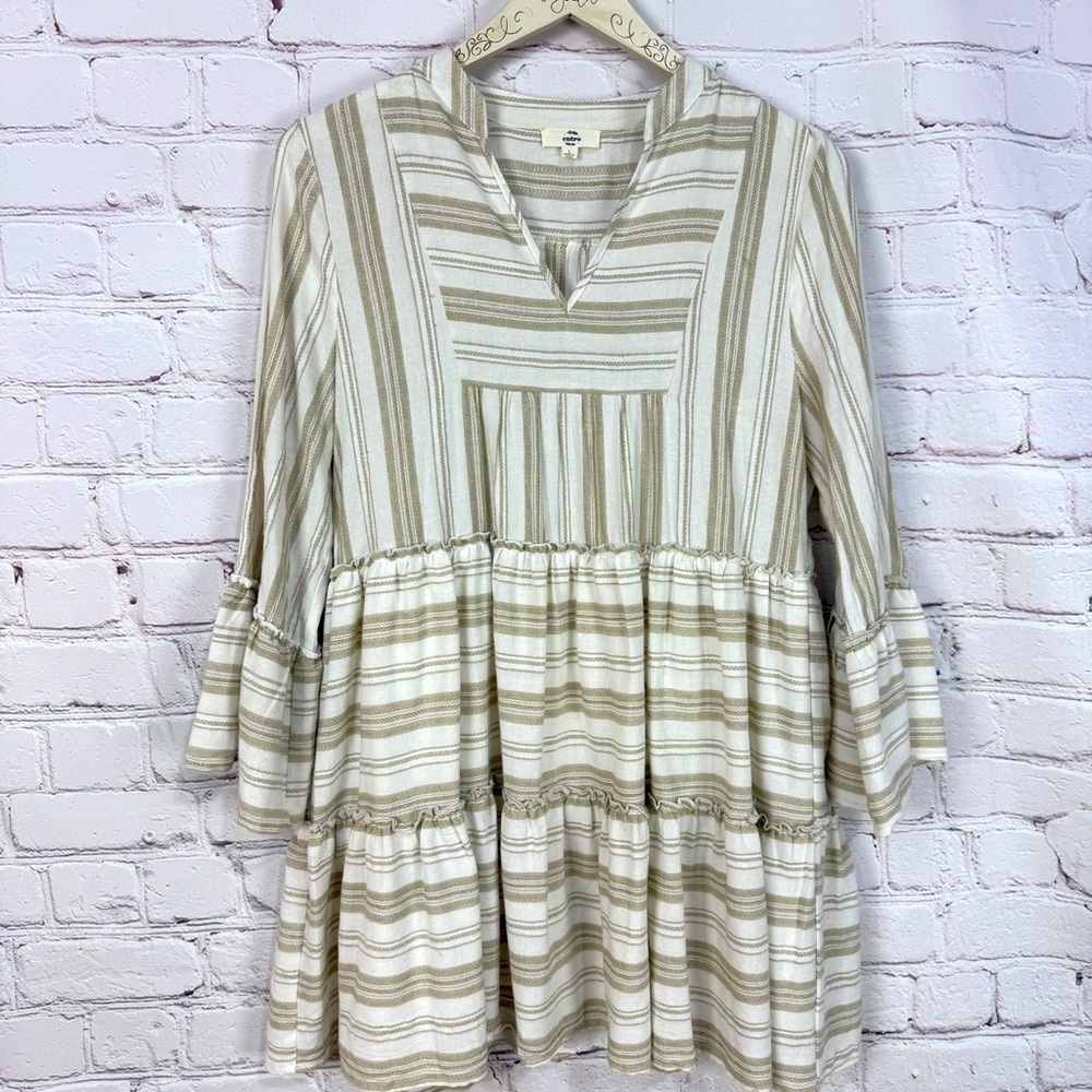 Entro Grey taupe White Bell Sleeve ruffle dress mini Mandarin Collar size large